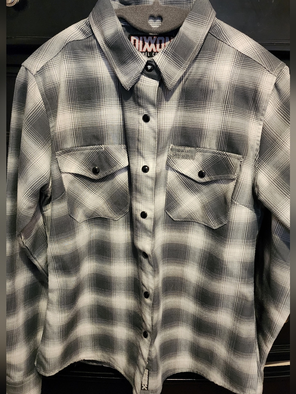 DIXXON Social Distortion Gray Plaid Snap Front Flannel Shirt Womens Medium